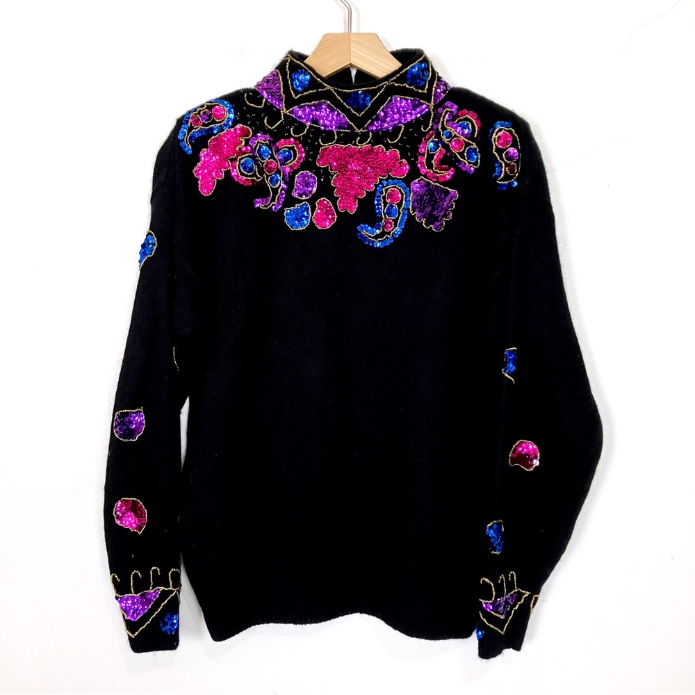 Vintage silk angora sequinned mock neck black sweater 80s glam purple pink wool